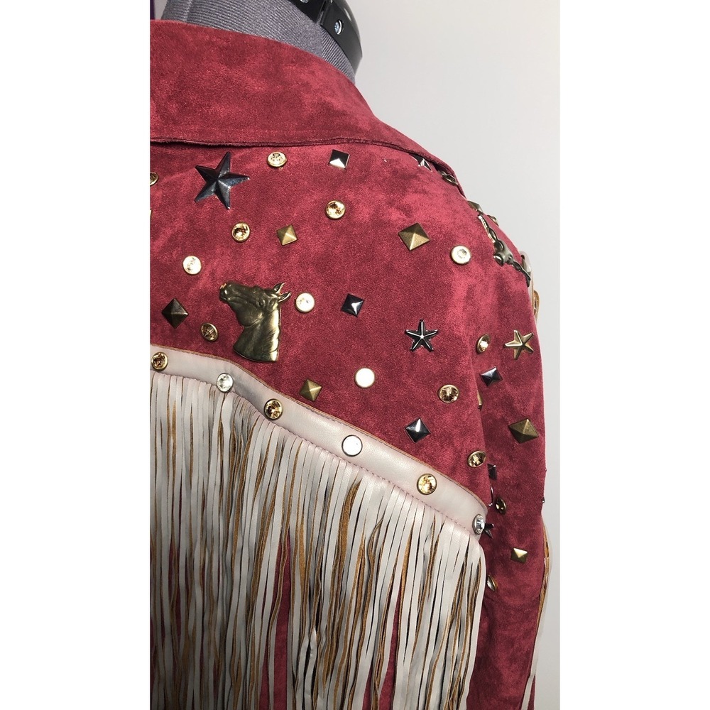 Josefina by Vero Solis Burgundy Fringe Stud Jacket Western Boho M B-58″ DAMAGED - Picture 10 of 16
